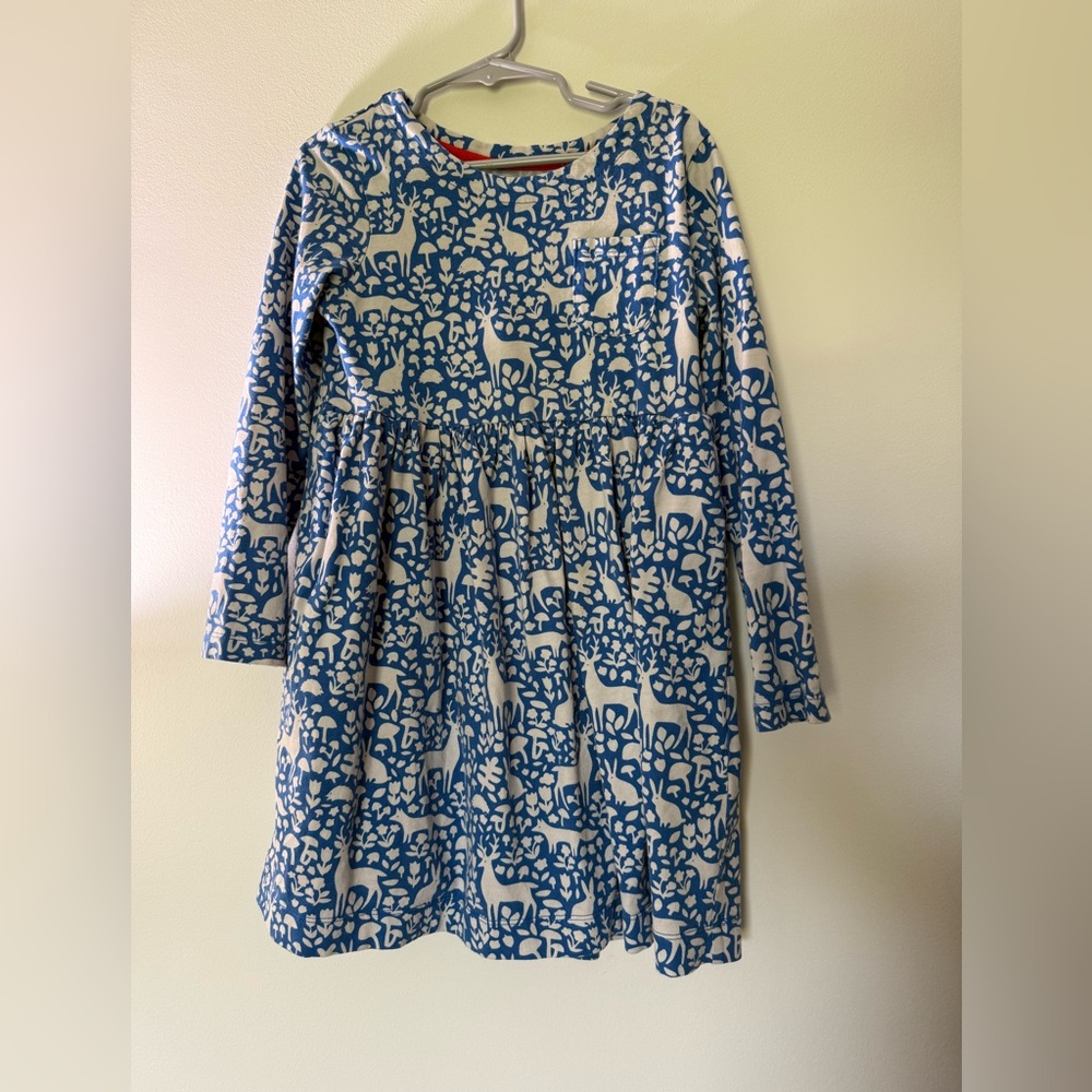 Mini Boden Blue and Cream Long-Sleeve Deer Print Dress